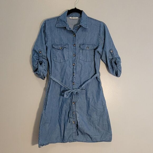 Speed Limit Cotton Chambray Button Shirt Dress Women's Small Belted Pockets - Picture 1 of 9
